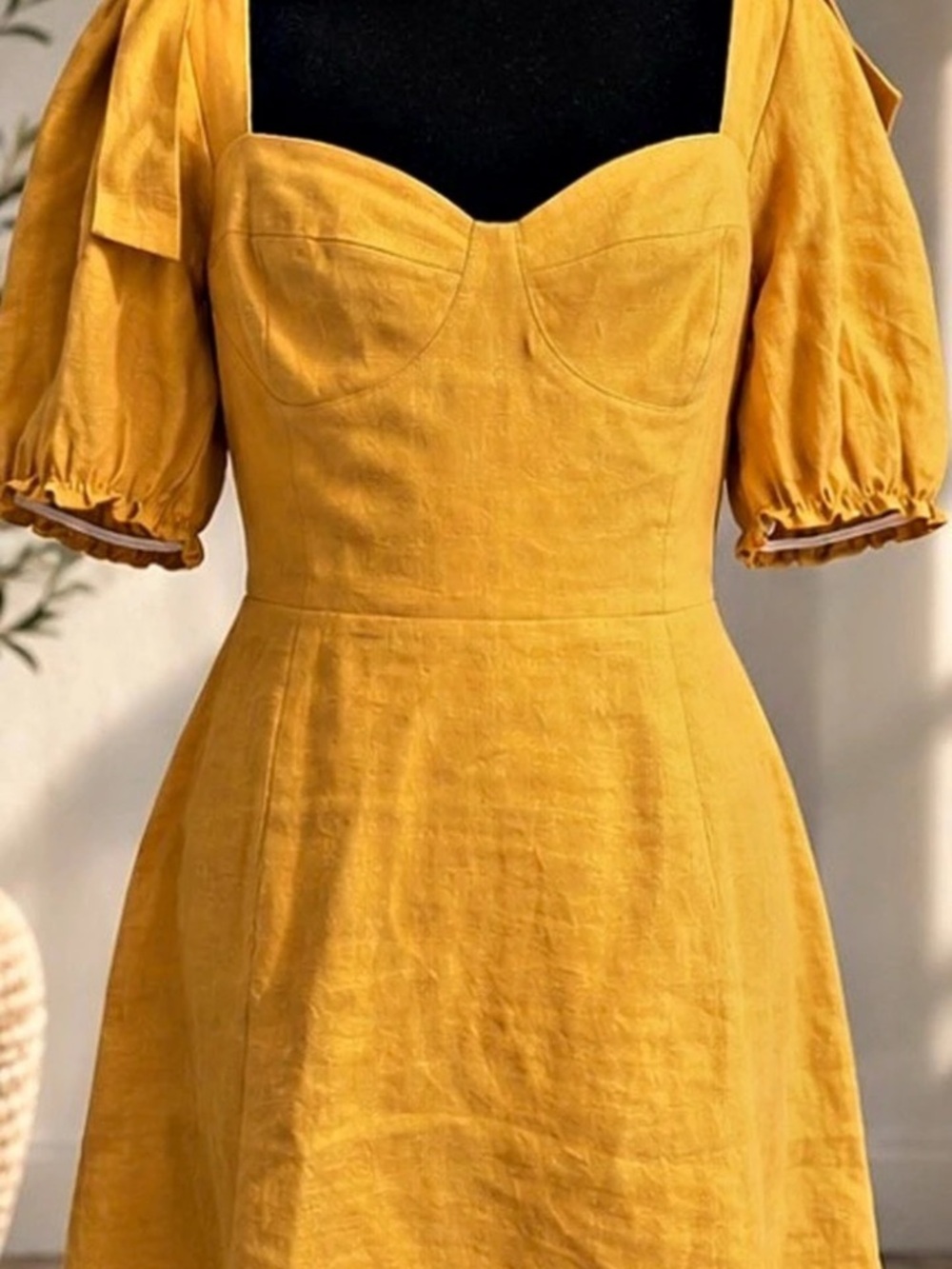 Reformation Malvina Linen Mini Dress Mustard Yellow Size 10 Puff Sleeve Bow